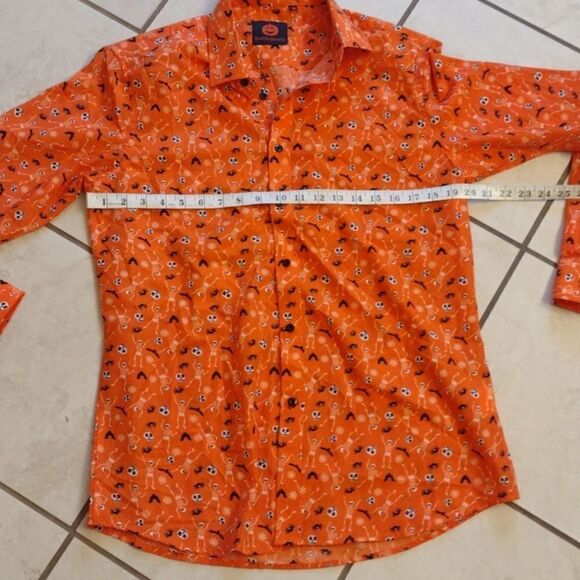 NWOT Simon Banks Halloween buttondown longsleeve shirt orange skeleton M - Picture 4 of 8